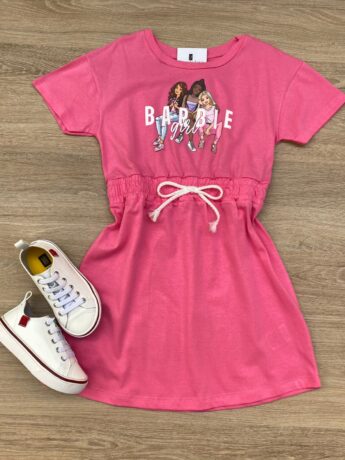 Vestido Infantil Feminino Manga Curta com Amarração Rosa Chiclete Fernanda Ramos Kids