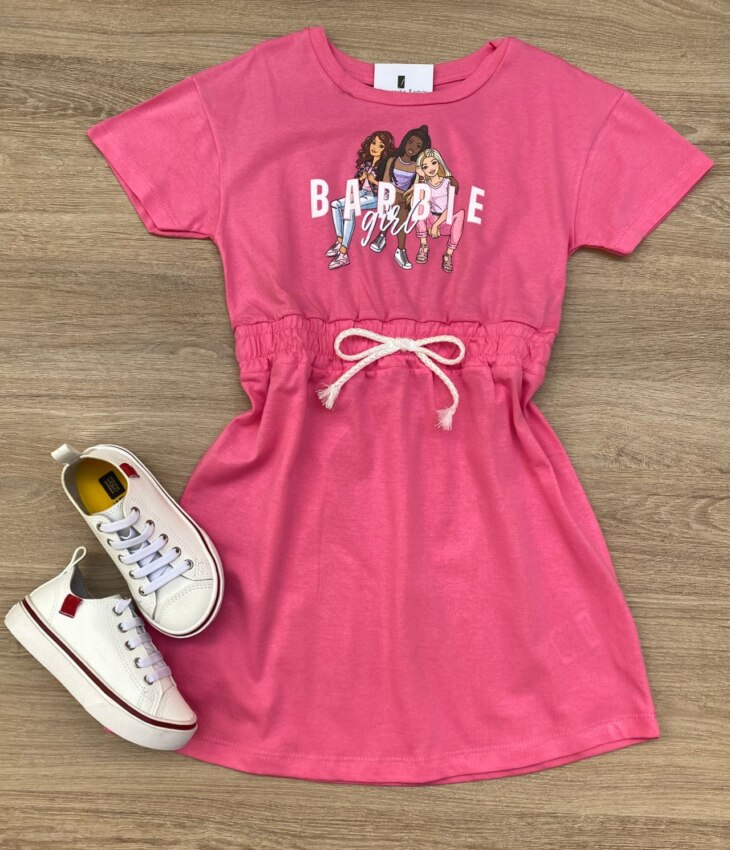Vestido Infantil Feminino Manga Curta com Amarração Rosa Chiclete Fernanda Ramos Kids
