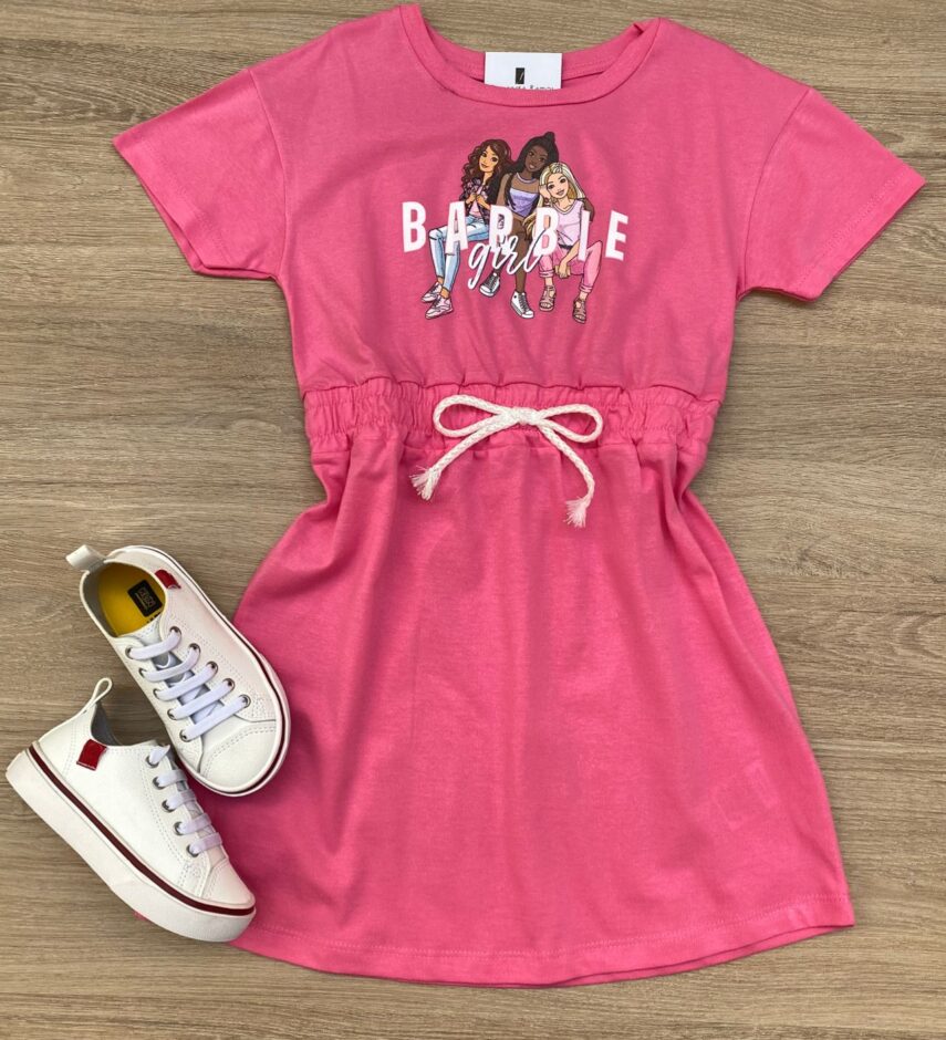 Vestido Infantil Feminino Manga Curta com Amarração Rosa Chiclete Fernanda Ramos Kids