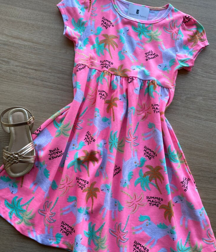 fernandaramoskids com br Vestido Infantil Feminino Manga Curta Estampado Rosa Flúor 1