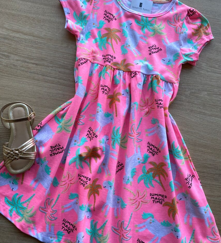 fernandaramoskids com br Vestido Infantil Feminino Manga Curta Estampado Rosa Flúor 1