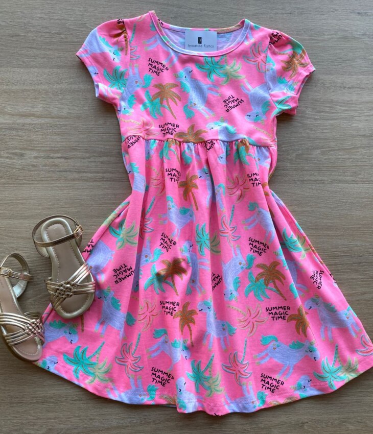 Vestido Infantil Feminino Manga Curta Estampado Rosa Flúor Fernanda Ramos Kids