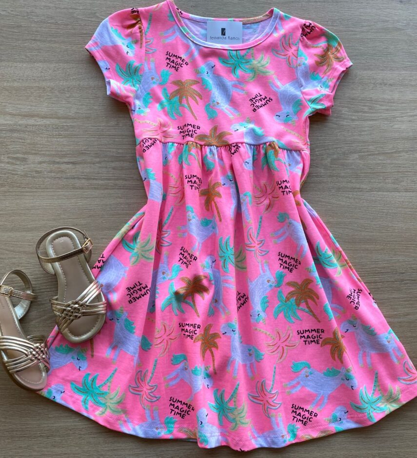 Vestido Infantil Feminino Manga Curta Estampado Rosa Flúor Fernanda Ramos Kids