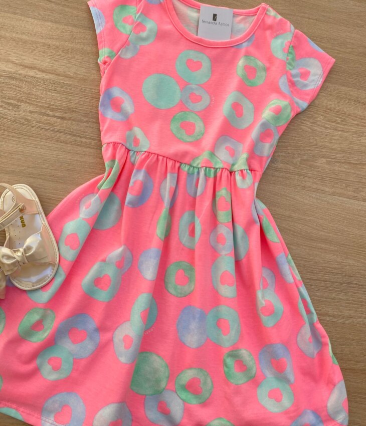 fernandaramoskids com br Vestido Infantil Feminino Manga Curta Malha Estampado Pink Flúor 1