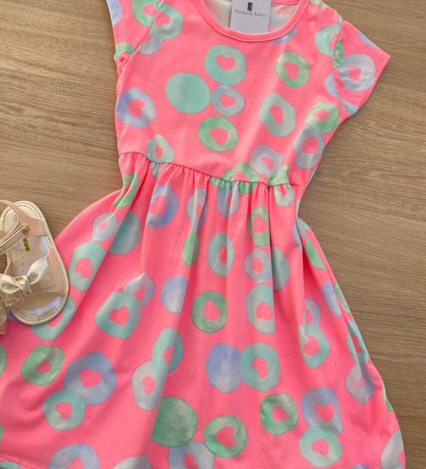 fernandaramoskids com br Vestido Infantil Feminino Manga Curta Malha Estampado Pink Flúor 1