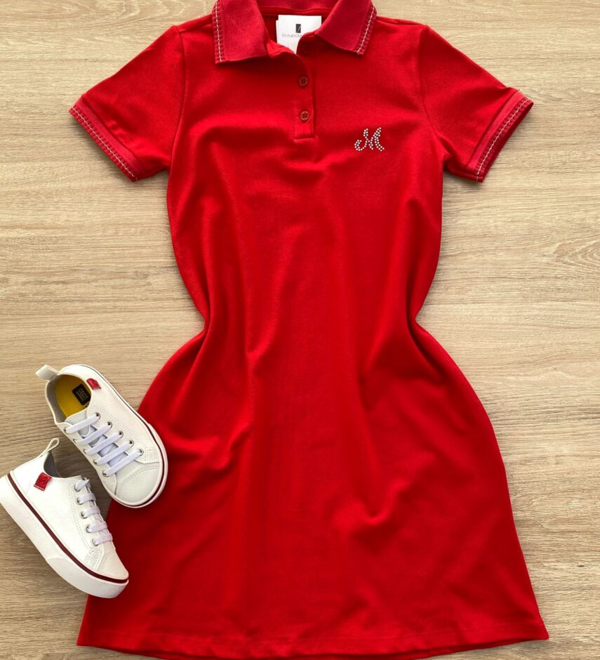 Vestido Infantil Feminino Piquet Confort Gola Polo Vermelho Fernanda Ramos Kids