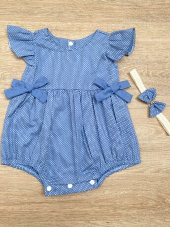 Vestido Infantil Feminino Poá Azul com Faixa de Cabelo Fernanda Ramos Kids