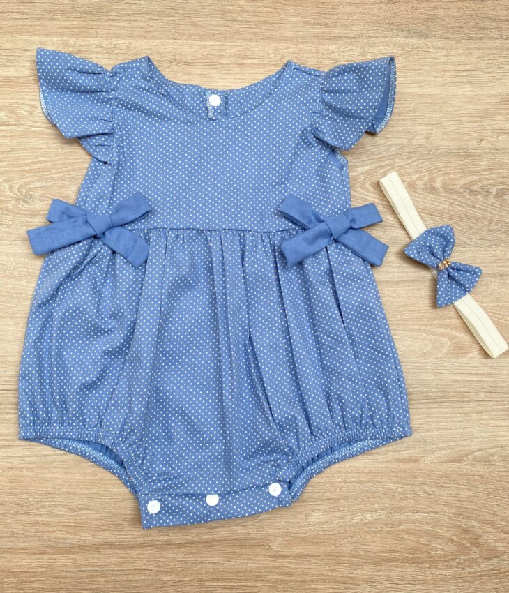 Vestido Infantil Feminino Poá Azul com Faixa de Cabelo Fernanda Ramos Kids