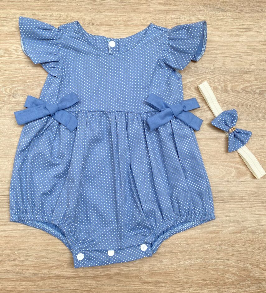 Vestido Infantil Feminino Poá Azul com Faixa de Cabelo Fernanda Ramos Kids