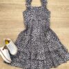 Vestido Infantil Feminino Soltinho Alça com Babado Animal Print Cinza Fernanda Ramos Kids