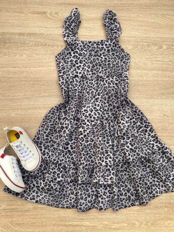 Vestido Infantil Feminino Soltinho Alça com Babado Animal Print Cinza Fernanda Ramos Kids