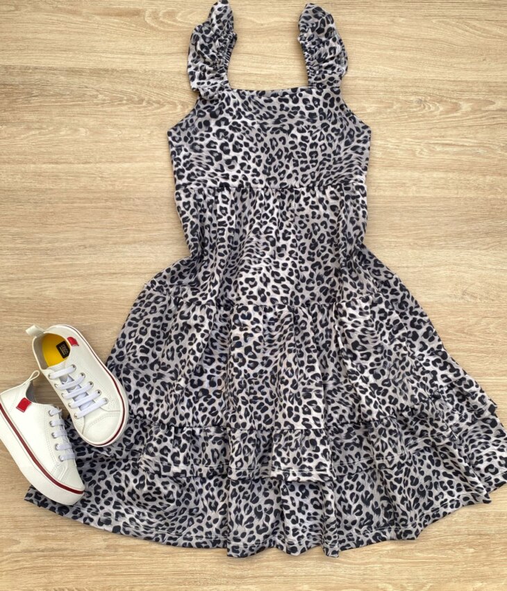 Vestido Infantil Feminino Soltinho Alça com Babado Animal Print Cinza Fernanda Ramos Kids