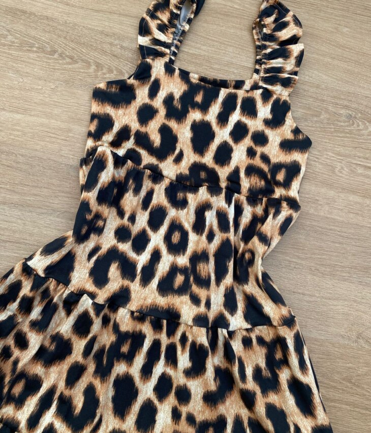 fernandaramoskids com br Vestido Infantil Feminino Soltinho Alça com Babado Animal Print Marrom 1