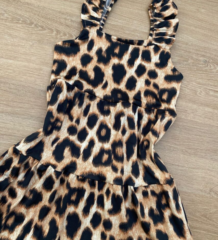 fernandaramoskids com br Vestido Infantil Feminino Soltinho Alça com Babado Animal Print Marrom 1
