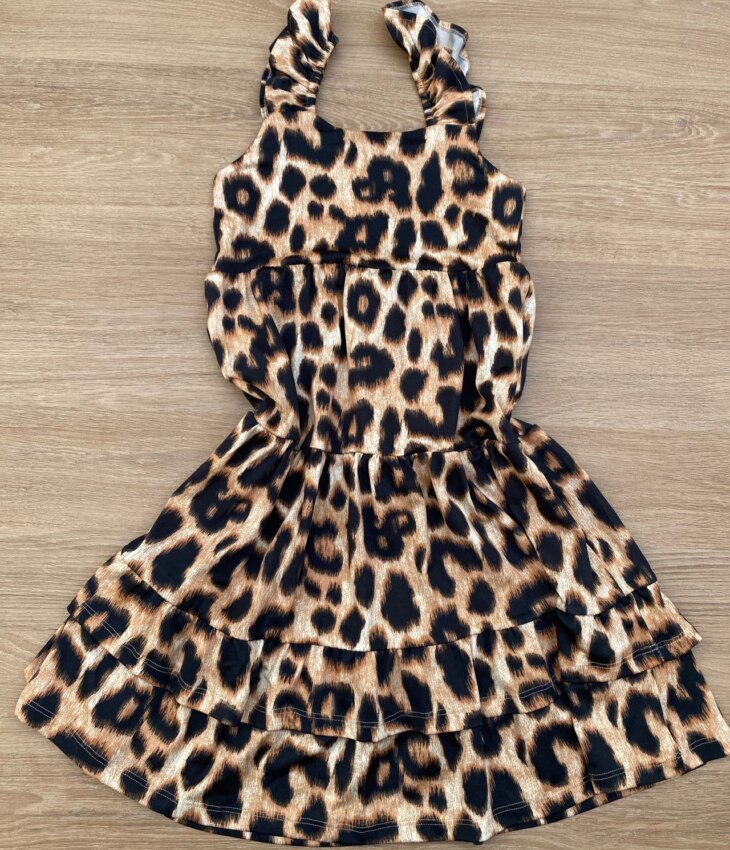 fernandaramoskids com br Vestido Infantil Feminino Soltinho Alça com Babado Animal Print Marrom 2