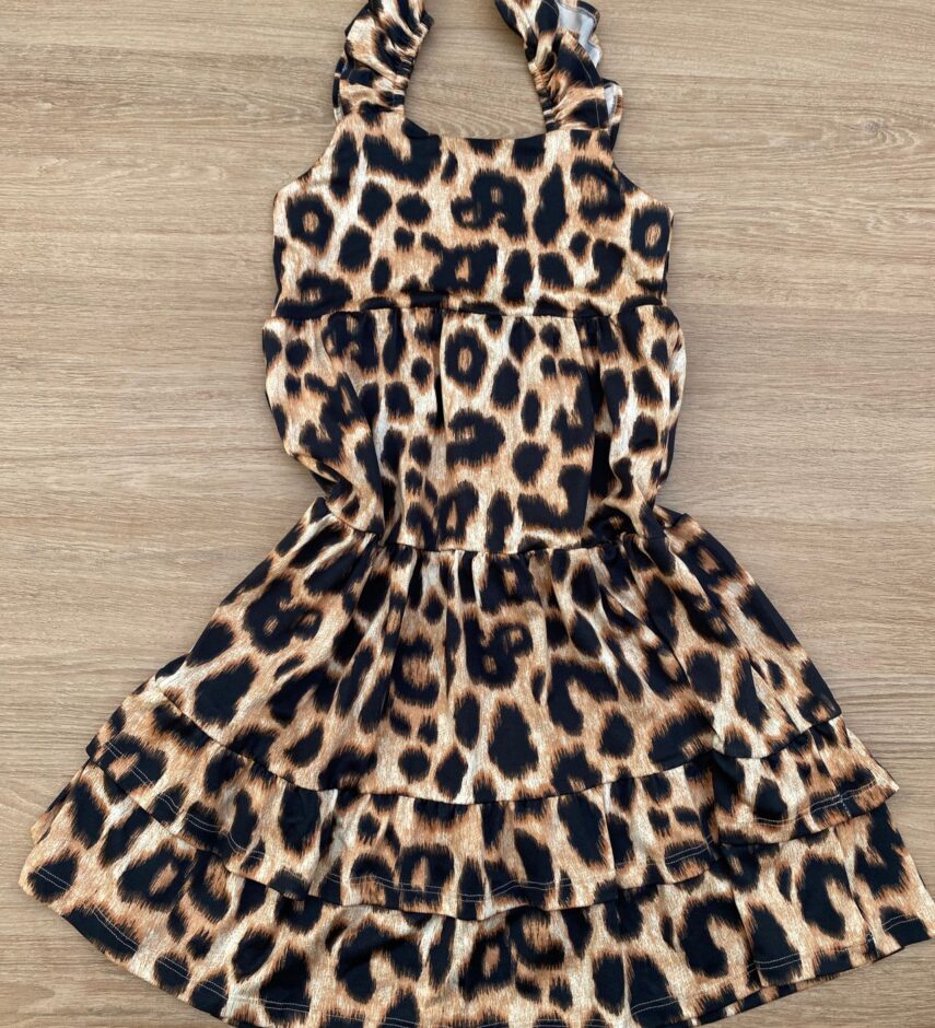 fernandaramoskids com br Vestido Infantil Feminino Soltinho Alça com Babado Animal Print Marrom 2