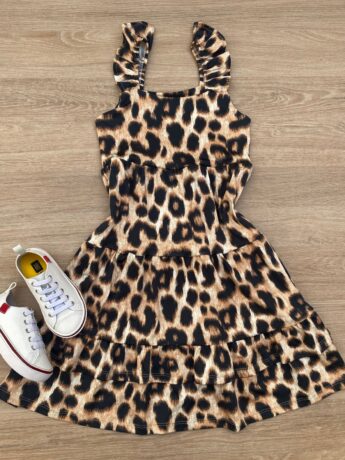 Vestido Infantil Feminino Soltinho Alça com Babado Animal Print Marrom Fernanda Ramos Kids