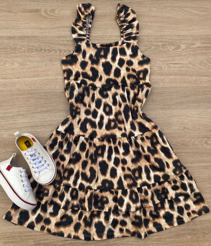 Vestido Infantil Feminino Soltinho Alça com Babado Animal Print Marrom Fernanda Ramos Kids