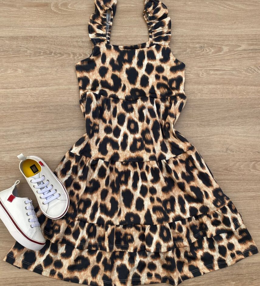 Vestido Infantil Feminino Soltinho Alça com Babado Animal Print Marrom Fernanda Ramos Kids