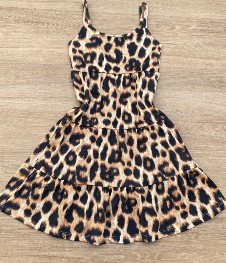 fernandaramoskids com br Vestido Infantil Feminino Soltinho Alça Fina Animal Print Marrom 2