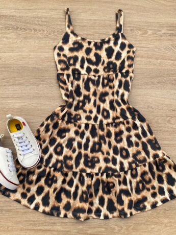 Vestido Infantil Feminino Soltinho Alça Fina Animal Print Marrom Fernanda Ramos Kids
