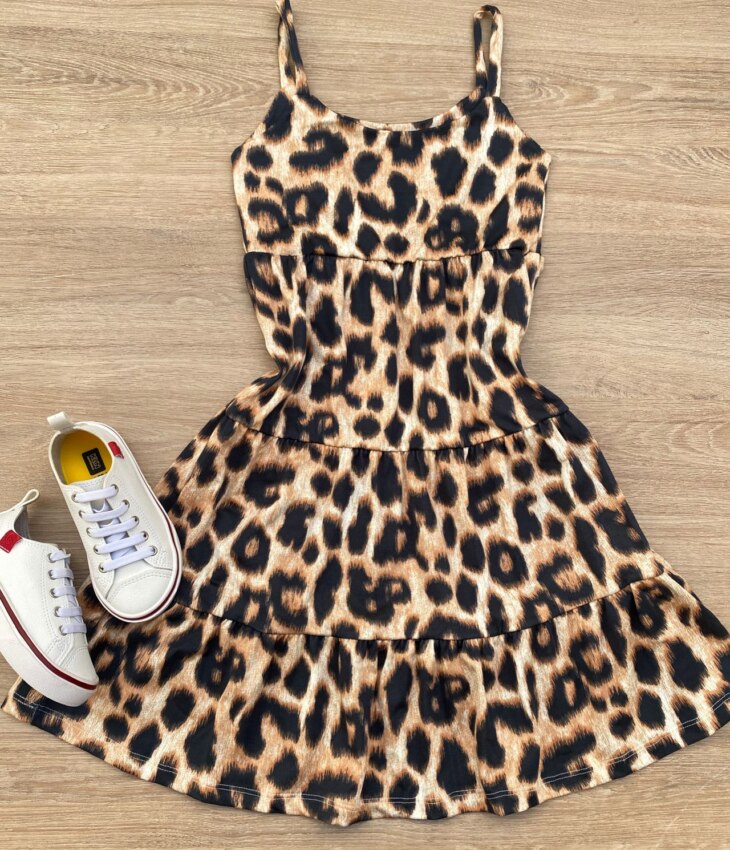 Vestido Infantil Feminino Soltinho Alça Fina Animal Print Marrom Fernanda Ramos Kids