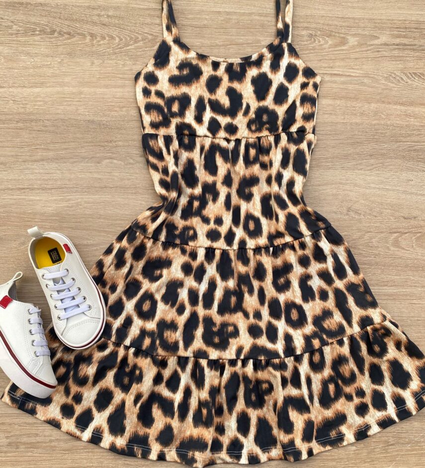 Vestido Infantil Feminino Soltinho Alça Fina Animal Print Marrom Fernanda Ramos Kids