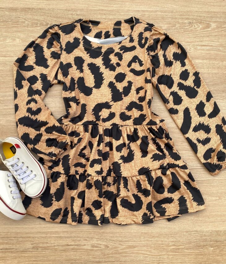 Vestido Infantil Feminino Soltinho Manga Longa Animal Print Fernanda Ramos Kids