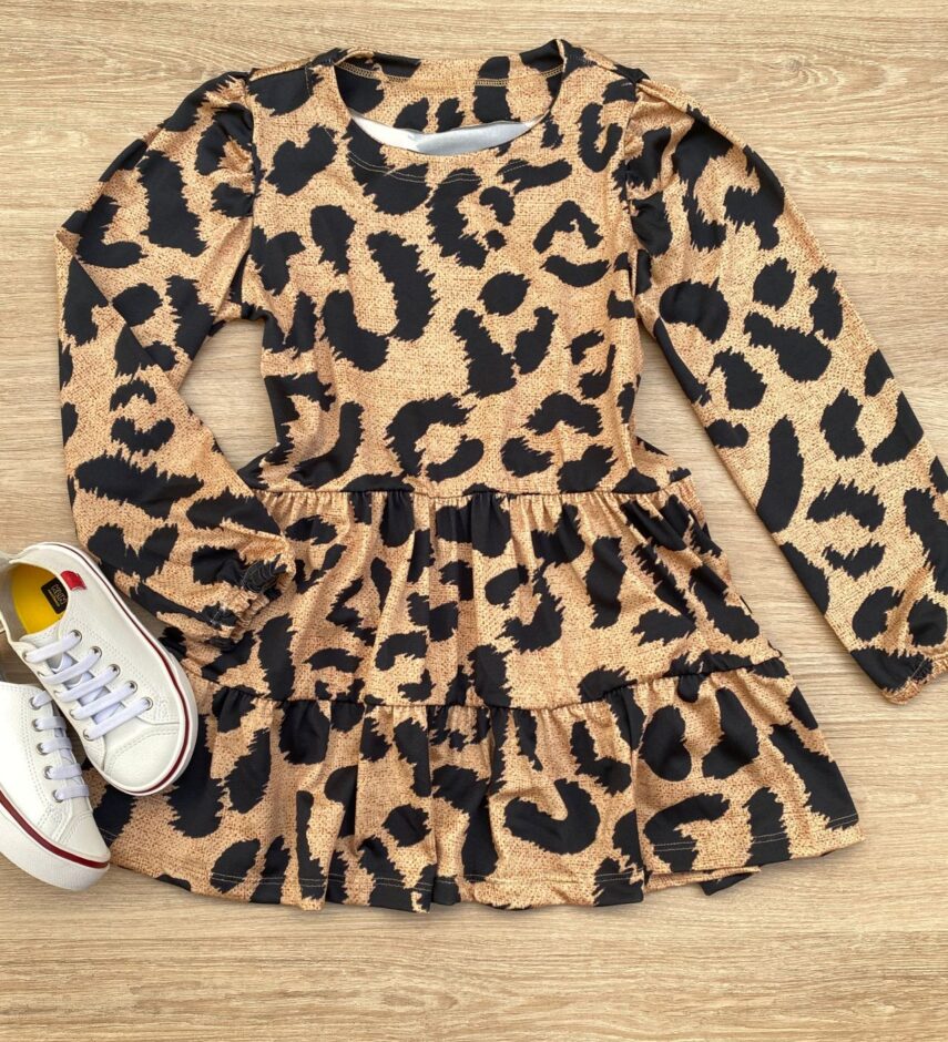 Vestido Infantil Feminino Soltinho Manga Longa Animal Print Fernanda Ramos Kids
