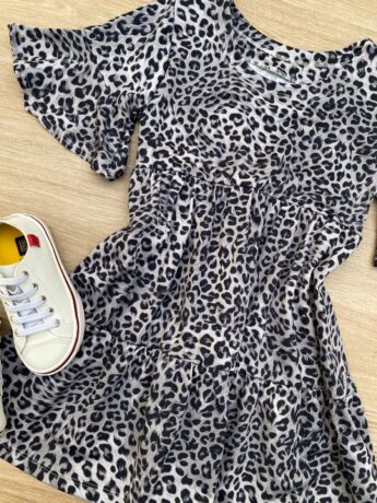 fernandaramoskids com br Vestido Infantil Feminino Soltinho Manga Curta Animal Print Cinza 1