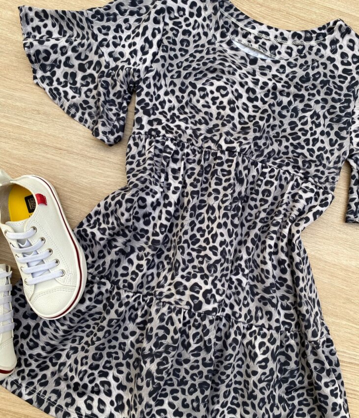 fernandaramoskids com br Vestido Infantil Feminino Soltinho Manga Curta Animal Print Cinza 1