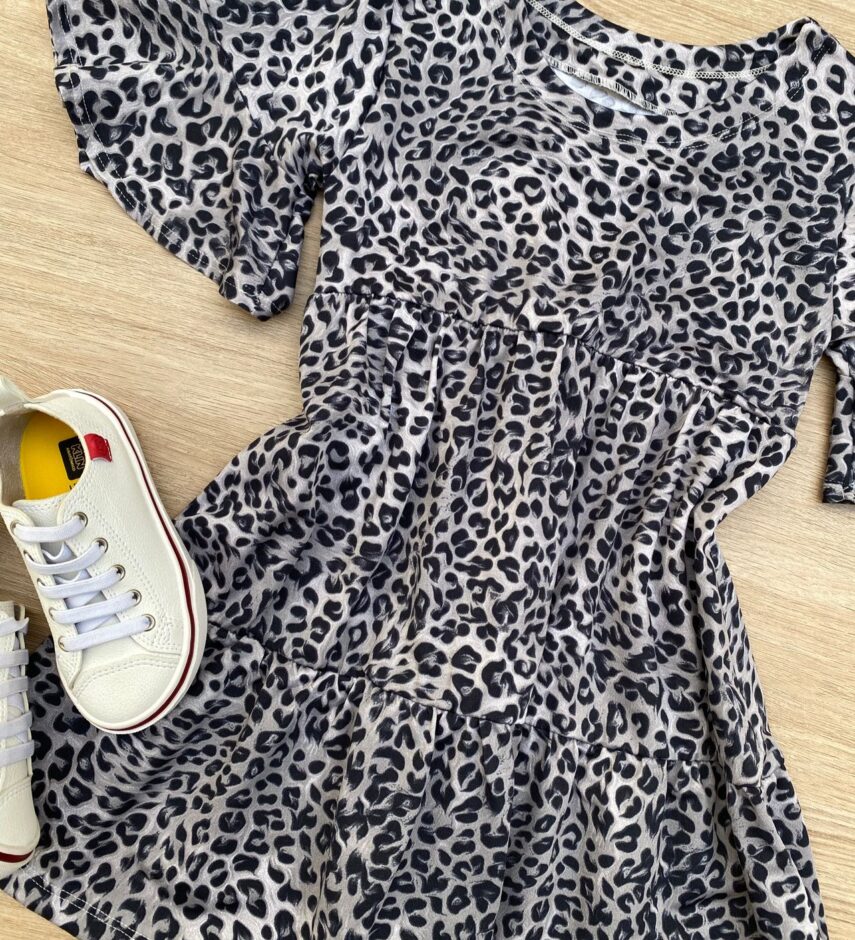 fernandaramoskids com br Vestido Infantil Feminino Soltinho Manga Curta Animal Print Cinza 1