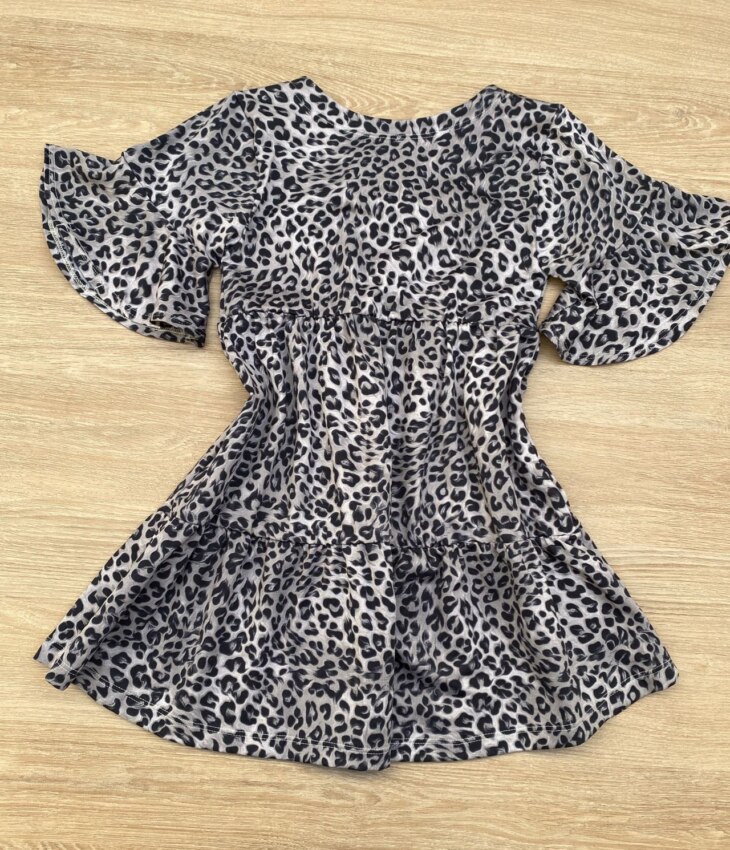 fernandaramoskids com br Vestido Infantil Feminino Soltinho Manga Curta Animal Print Cinza 2