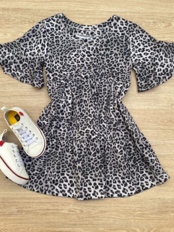 Vestido Infantil Feminino Soltinho Manga Curta Animal Print Cinza Fernanda Ramos Kids