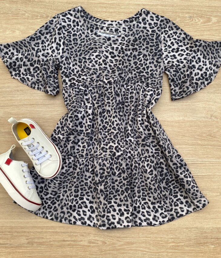 Vestido Infantil Feminino Soltinho Manga Curta Animal Print Cinza Fernanda Ramos Kids