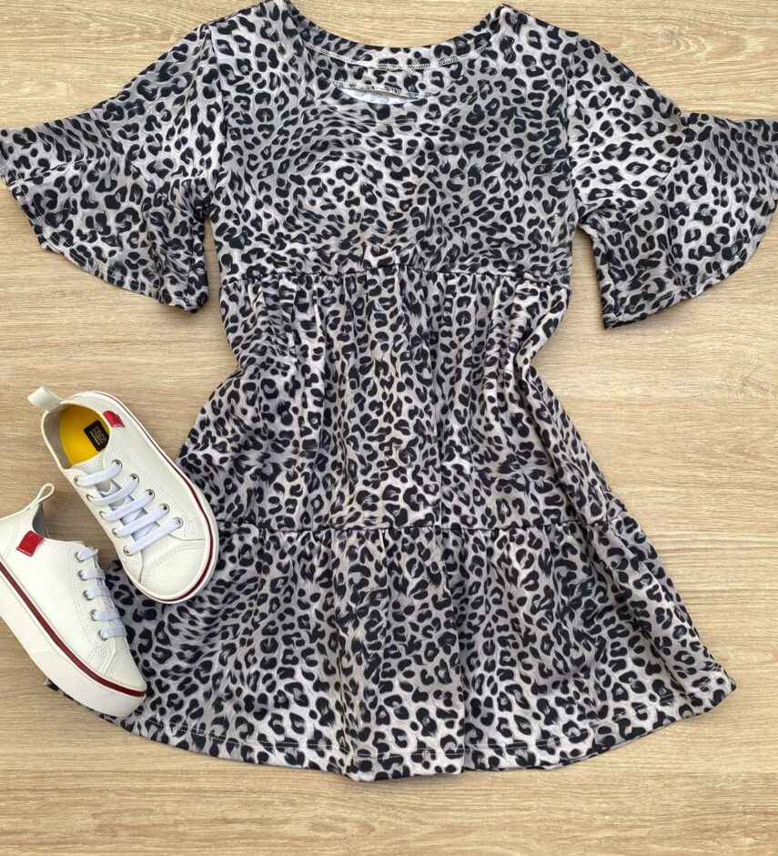 Vestido Infantil Feminino Soltinho Manga Curta Animal Print Cinza Fernanda Ramos Kids