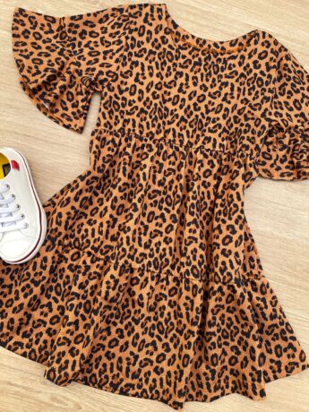 fernandaramoskids com br Vestido Infantil Feminino Soltinho Manga Curta Animal Print Marrom 1
