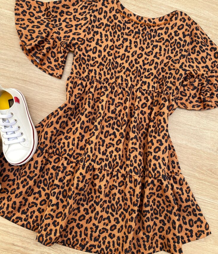 fernandaramoskids com br Vestido Infantil Feminino Soltinho Manga Curta Animal Print Marrom 1