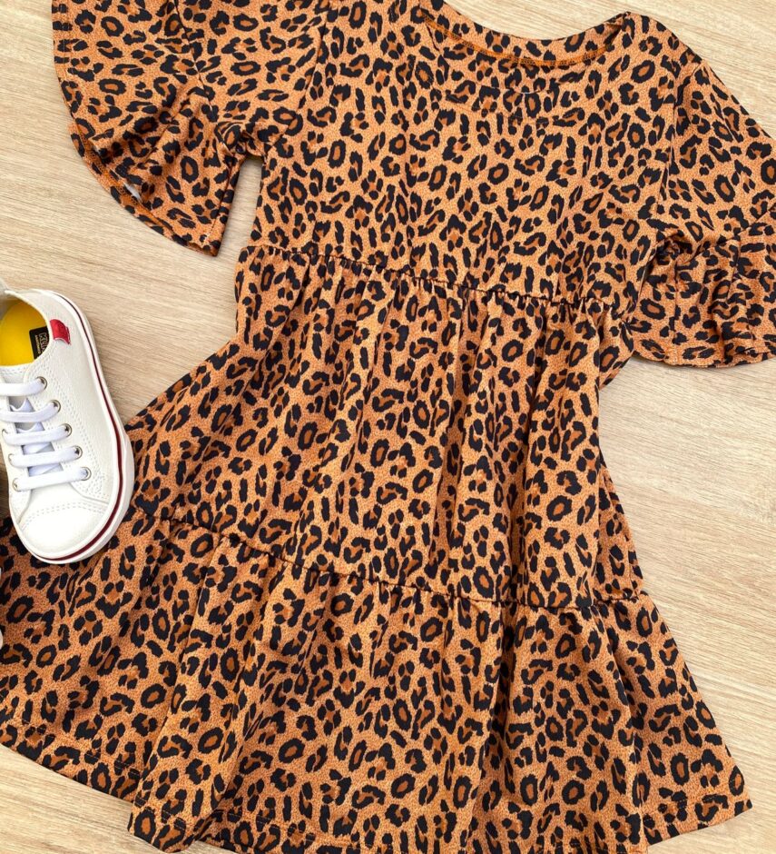 fernandaramoskids com br Vestido Infantil Feminino Soltinho Manga Curta Animal Print Marrom 1
