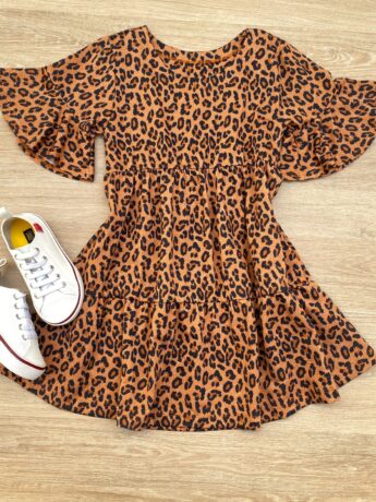 Vestido Infantil Feminino Soltinho Manga Curta Animal Print Marrom Fernanda Ramos Kids