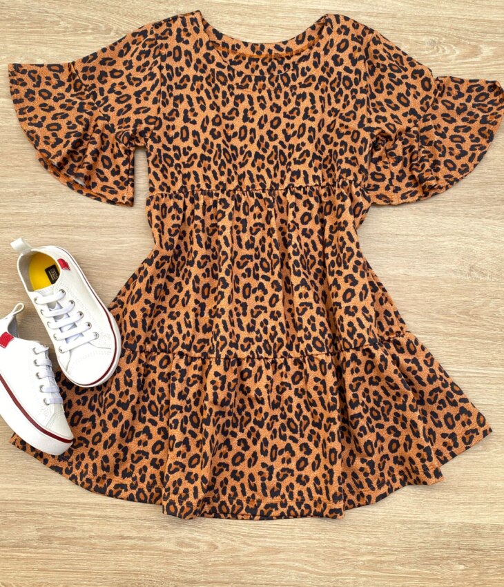 Vestido Infantil Feminino Soltinho Manga Curta Animal Print Marrom Fernanda Ramos Kids