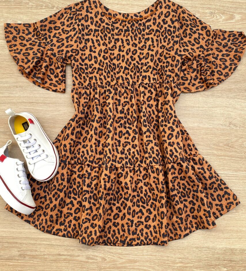Vestido Infantil Feminino Soltinho Manga Curta Animal Print Marrom Fernanda Ramos Kids