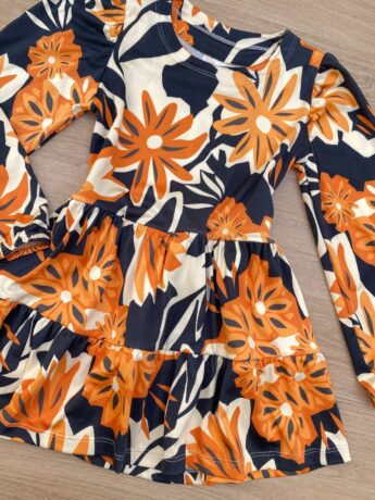 fernandaramoskids com br Vestido Infantil Feminino Soltinho Manga Longa Estampa Preto e Laranja 1