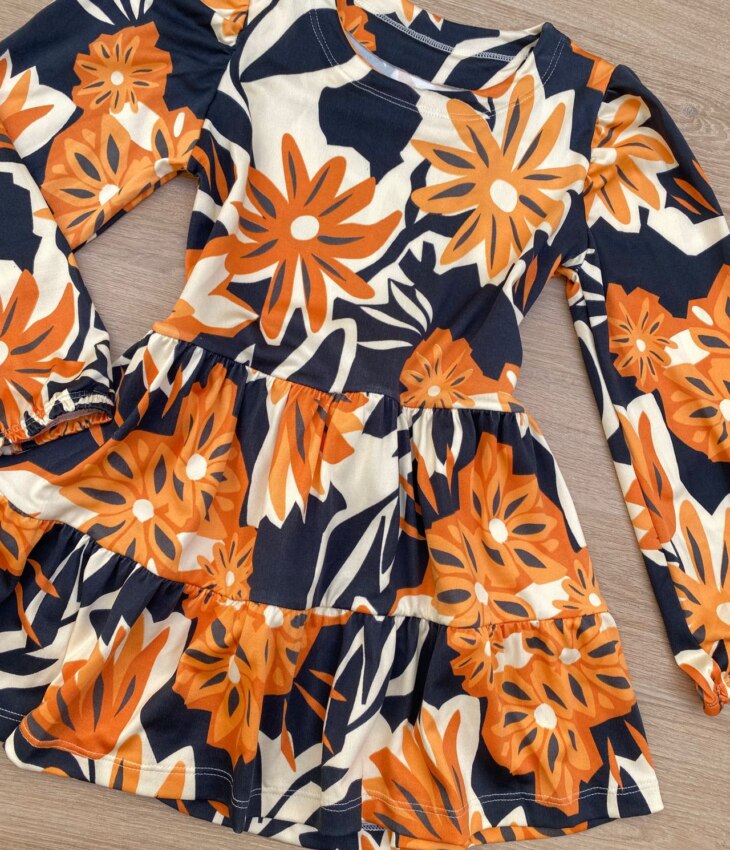 fernandaramoskids com br Vestido Infantil Feminino Soltinho Manga Longa Estampa Preto e Laranja 1