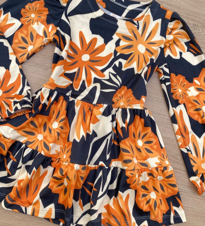 fernandaramoskids com br Vestido Infantil Feminino Soltinho Manga Longa Estampa Preto e Laranja 1