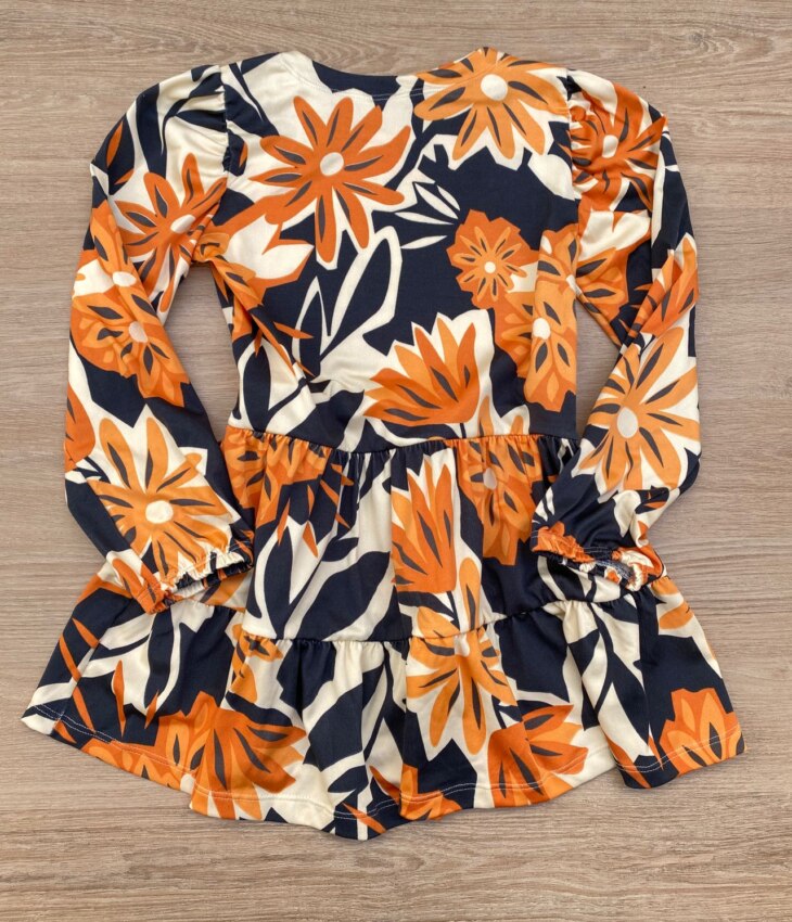fernandaramoskids com br Vestido Infantil Feminino Soltinho Manga Longa Estampa Preto e Laranja 2