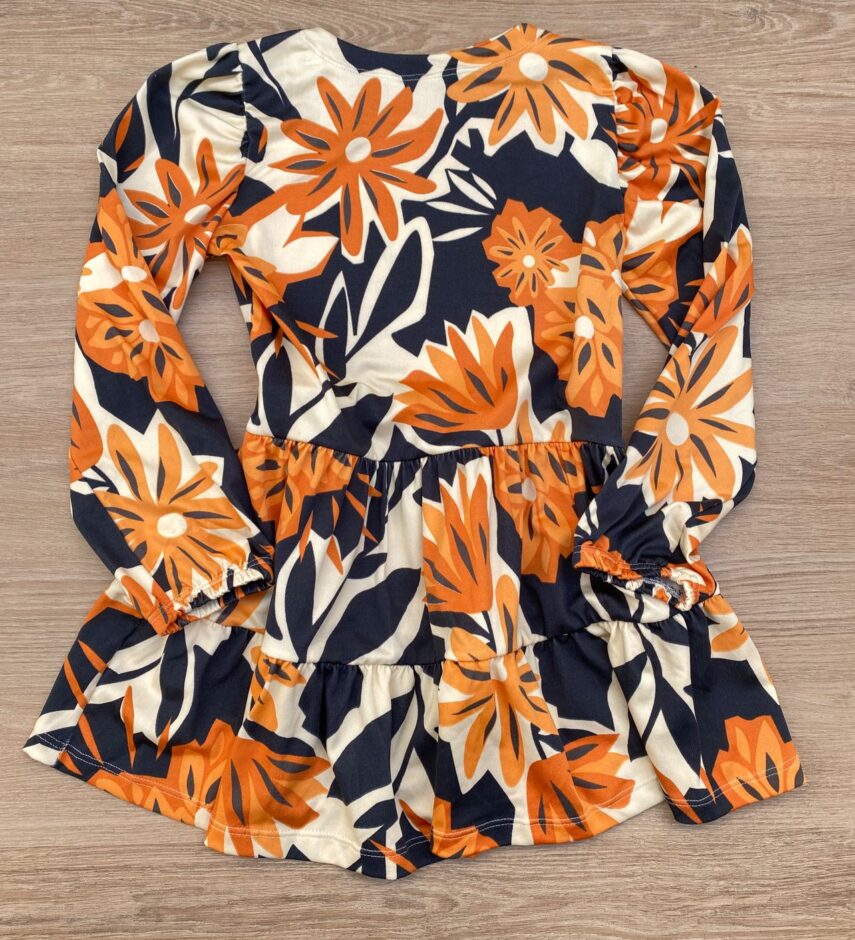 fernandaramoskids com br Vestido Infantil Feminino Soltinho Manga Longa Estampa Preto e Laranja 2