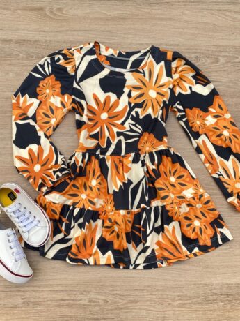 Vestido Infantil Feminino Soltinho Manga Longa Estampa Preto e Laranja Fernanda Ramos Kids