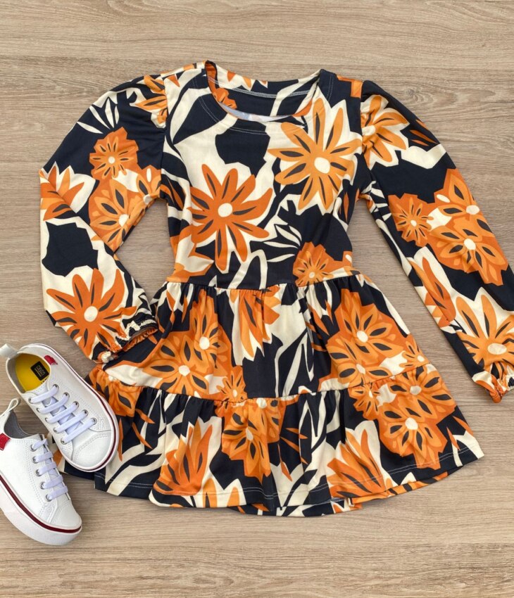 Vestido Infantil Feminino Soltinho Manga Longa Estampa Preto e Laranja Fernanda Ramos Kids