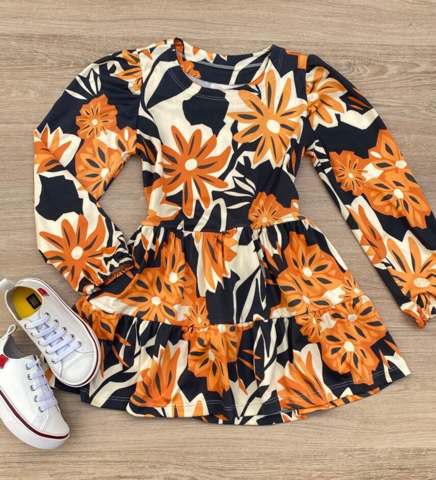 Vestido Infantil Feminino Soltinho Manga Longa Estampa Preto e Laranja Fernanda Ramos Kids